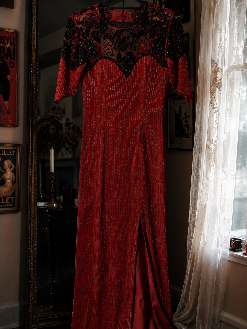 Vintage 80s Sequin Original Beaded Red Silk Evening Gown LOVE YOU Goth Size 6/8
